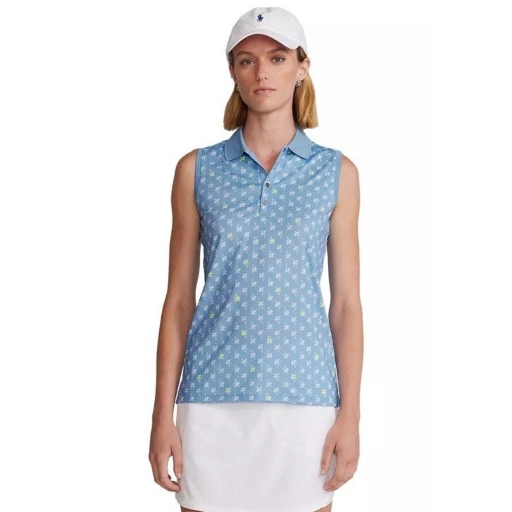 RLX Ralph Lauren Womens Blue Palm Tree Sleeveless Golf Polo Shirt Tailored Fit S